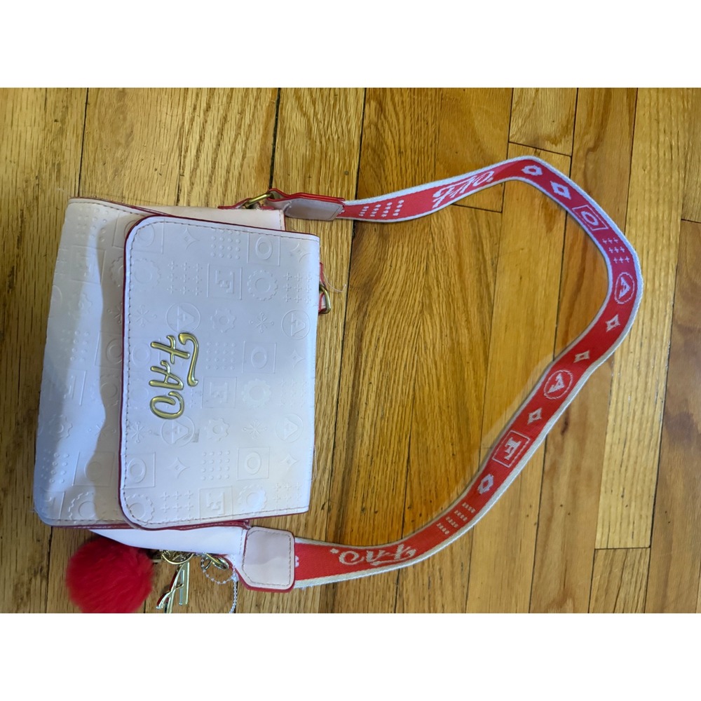 Kids White Embossed Logo Crossbody Bag with Red Strap and Pom Pom Charm